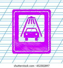 Car wash sign. Violet scribble icon with school paper. SUPER.