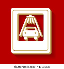 Car wash sign. White button icon with wood color and shadow on dark red background.