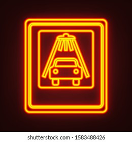 Car wash sign. Yellow, orange, red neon icon at dark reddish background. Illumination. Illustration.