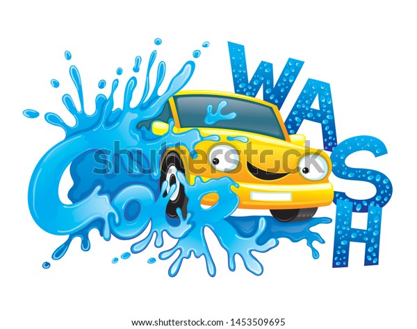 Car wash sign with yellow car and splash of\
water on white background.