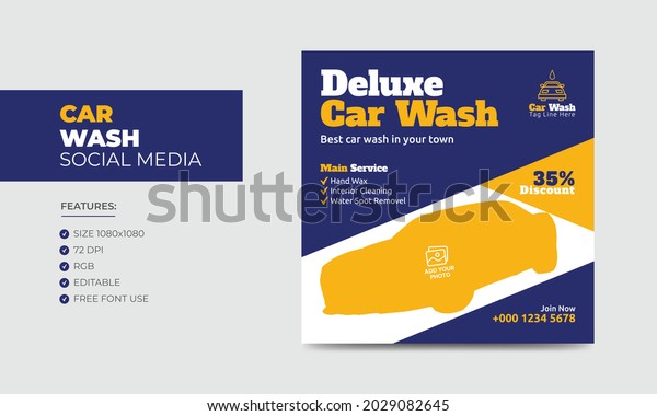 Car wash social media post banner\
design template. Car washing service social media ads\
banner