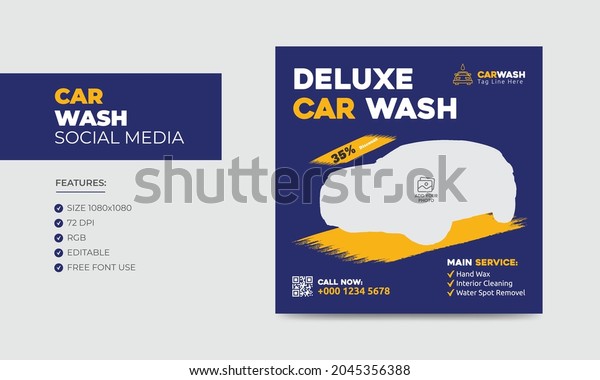 Car wash social media post banner\
design template. Car washing service social media ads\
banner
