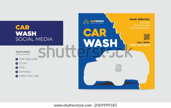 Car wash social media post banner
design template. Car washing service social media ads
banner
