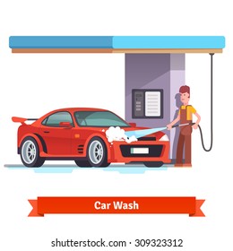 Car wash specialist in uniform washing red sports car under the roof. Spraying water from the hose. Flat style vector illustration isolated on white background.