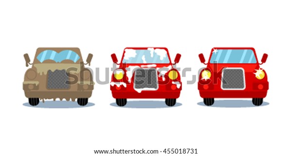 Car wash stages. Dirty, in the foam and clean\
cars in cartoon style. flat vector illustration isolate on a white\
background