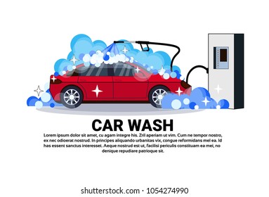 Car Wash Station Banner With Service Cleaning Vehicle Over Copy Space Background