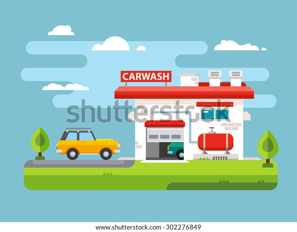 Car wash\
station building flat vector\
illustration.