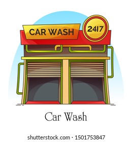 Car Wash Station Or Carwash Building. Flat Machine Or Automobile, Auto Self-serve Washing Construction. Automotive Maintenance Facility Or Vehicle Washer. Transport And Outdoor Architecture