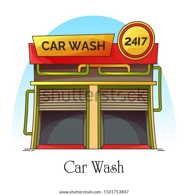 Car\
wash station or carwash building. Flat machine or automobile, auto\
self-serve washing construction. Automotive maintenance facility or\
vehicle washer. Transport and outdoor\
architecture