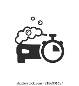 Car wash time icon. Stopwatch and car in foam. Monochrome black and white symbol. Vector illustration