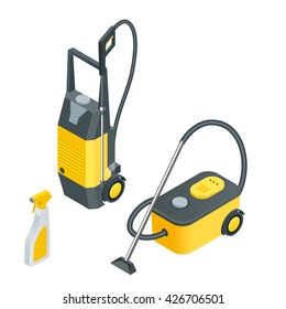 Car wash tools. 3d vector isometric illustration