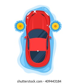 Vista superior do lava-jato. O carro vermelho na pia brilha limpo. Ilustração de vetor de estilo plano de cores isolada no plano de fundo branco para design ou impressão na Web