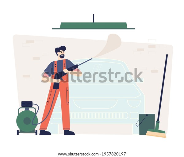 Car wash vector illustration. A man has washes car\
with soap and water by high pressure pump. vector illustration flat\
design
