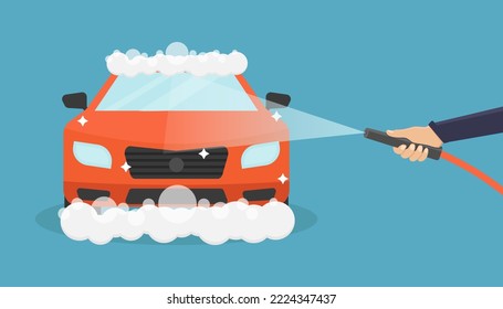 Car wash vector illustration on blue background, hand holding water spray and red car being washed with soap