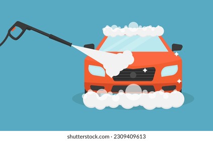 Ilustración vectorial de lavado de coches sobre fondo azul, lavado de coche rojo con jabón