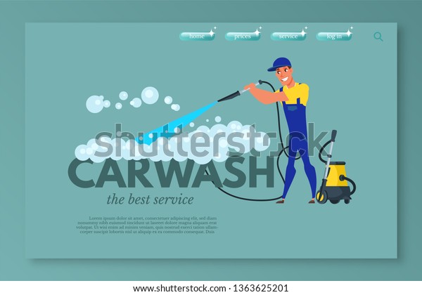 Car\
wash vector landing page template. Vehicle maintenance and care\
service website homepage. Car cleaning with high pressured water\
and soap web banner design. Handyman flat\
character
