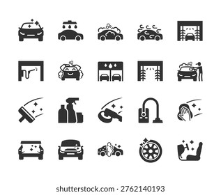 Car wash and vehicle cleaning process, monochrome icons set. Manual and automatic washing, exterior and interior cleaning, detailing service, polishing, maintenance. Black and white symbols