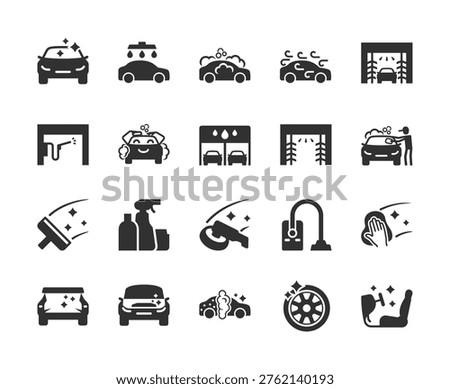 Car wash and vehicle cleaning process, monochrome icons set. Manual and automatic washing, exterior and interior cleaning, detailing service, polishing, maintenance. Black and white symbols
