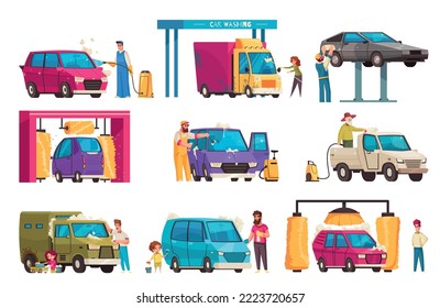 Car wash and vehicle self cleaning service cartoon icons set isolated vector illustration