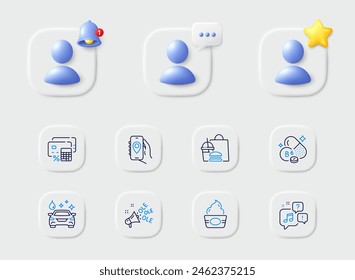 Car wash, Voicemail and Location app line icons. Placeholder with 3d star, reminder bell, chat. Pack of Money calculator, Vitamin b6, Ice cream icon. Fast food, Ole chant pictogram. Vector