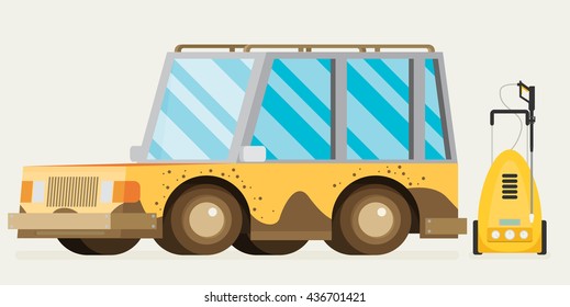Car wash web banner in flat style. Vector illustration with car, tool for hand car wash.