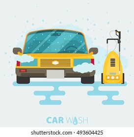 Car wash web banner in flat style. Vector illustration, tool for hand wash.