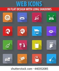 Car wash web icons in flat design with long shadows