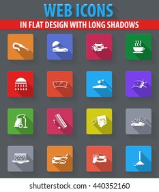 Car wash web icons in flat design with long shadows