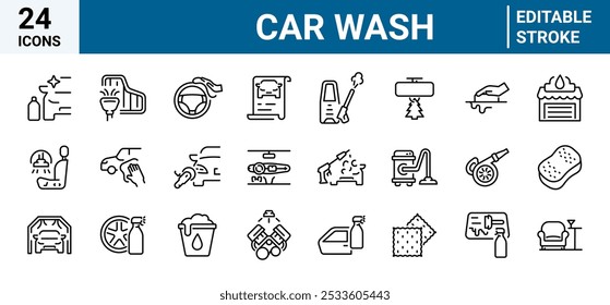 Car wash web line icon set. Editable Stroke Icon Collection. Includes tire, drying, soap, oil, car wax, microfiber and More