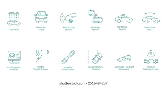 Autowäsche, Windschutzscheibenriss, Rückwärtsparksensoren, Blind-Spot-Monitor, Auto-Stereoanlage, Cabriolet-Dach, Autodiagnosescanner, Ladegerät für Elektrofahrzeuge, Vektorsymbol-Set für adaptive Geschwindigkeitsregelung