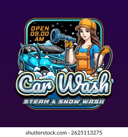 Car washer woman character for car wash business logo