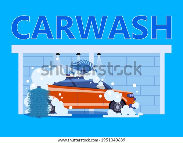 Car Washing Auto\
center station. Service washing, clean car, foam bubbles. Vector\
illustration isolated