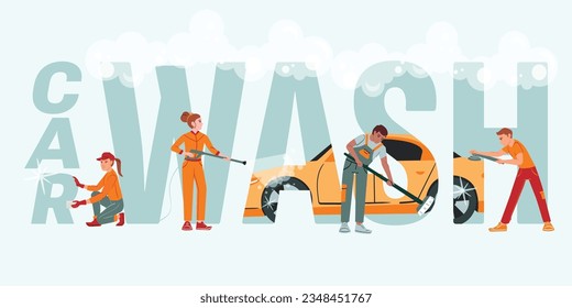 Car washing composition with flat text and foam surrounded by workers in orange uniform with tools vector illustration