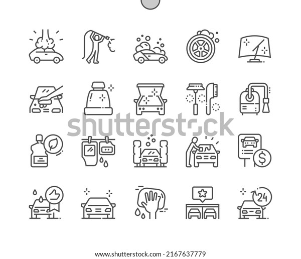 Car washing. Eco friendly material. Price,\
reviews about the service. Clean car. Pixel Perfect Vector Thin\
Line Icons. Simple Minimal\
Pictogram