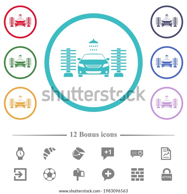 Car washing flat color icons in circle shape\
outlines. 12 bonus icons\
included.
