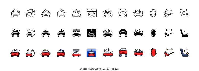 Car washing icon collection. Linear, silhouette and flat style. Vector icons