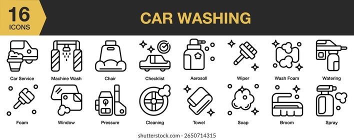 Car Washing icon set. Includes car, vehicle, automobile, auto, service, wash, and More. Outline icons vector collection.