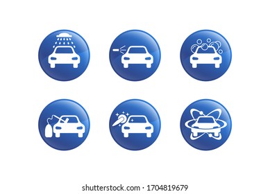 Car Washing Icon Set - Services And Equipment Of Car Wash - Glossy Icons Of Six Auto Washing Options  