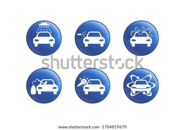 Car washing icon set\
- services and equipment of car wash - glossy icons of six auto\
washing options  