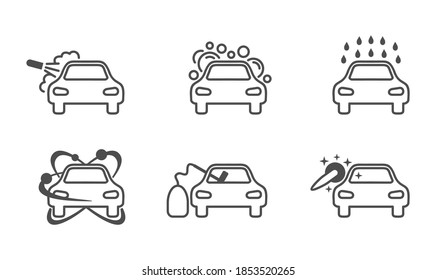 Car washing icon set in thin line - services and equipment of car wash