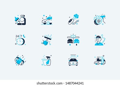 Car washing icon set vector illustration. Composition consist of polishing glass, vacuum cleaner, wash products, device and round-the-clock service flat style concept. Isolated on white