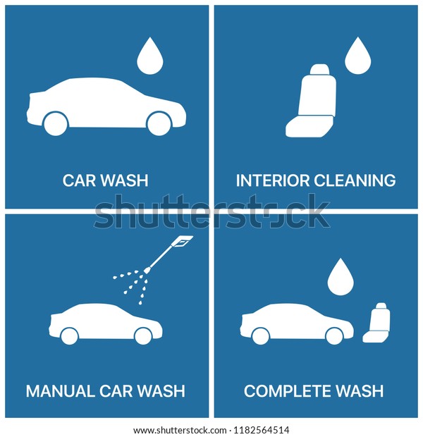 Car washing icons: car wash, interior\
cleaning, manual car wash, complete\
wash.