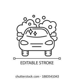 Car washing linear icon. Vehicle maintenance service, transport washing. Housekeeping chore thin line customizable illustration. Contour symbol. Vector isolated outline drawing. Editable stroke