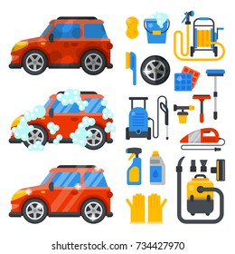 Car washing service clean tools transport automobile cleaner care auto design work wash station vector illustration