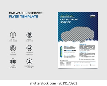 car washing service flyer template design with an image placement, professional color used in the design. Well organized, fully editable template. vector a4 size, eps 10 version.