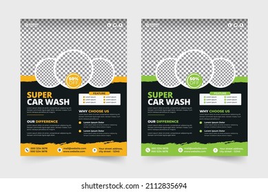 Car washing service flyer. Car wash and cleaning service cover template. Vehicle Cleaning service flyer vector. Car wash promotion offer brochure. Vehicle washing service banner.