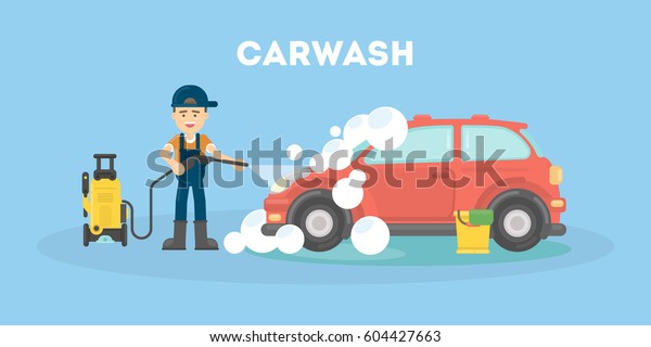 Car washing service. Funny man in uniform washes
red car with soap and
water.