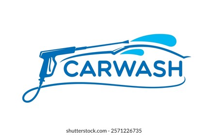 Car washing service icon featuring a blue pressure washer spraying water over a stylized car outline with an integrated bold carwash text, emphasizing cleanliness, professionalism and modern service