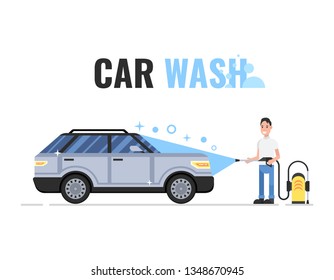 Car washing service. Man washes car with soap and water. Vector illustration.