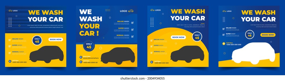 Car Washing Service Social Media Post Banner Design. Car Washing Social Media Post Banner Template Set, Car Wash Social Media Banner Design Template. Car Washing Marketing Post Banner Design.